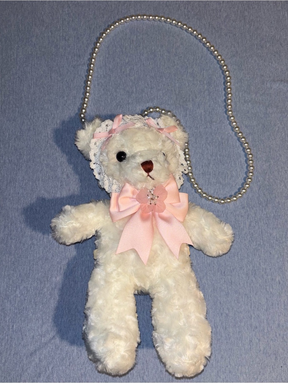 Plush White Teddy Bear Purse with Pink Bow